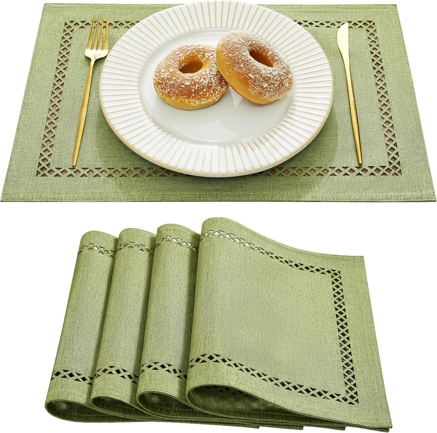 Burlap Placemats Set of 4, 12 x 18 Inch Rustic Geometric Hollow Place Mats, Heat Resistant Placemats for Farmhouse Kitchen Table Decor, Sage Green 4PCS