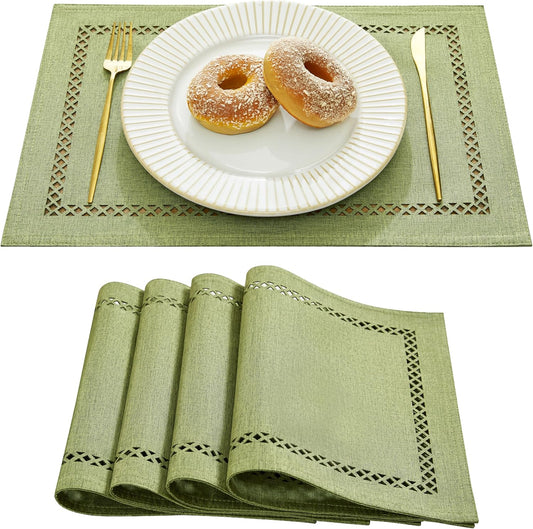Burlap Placemats Set of 4, 12 x 18 Inch Rustic Geometric Hollow Place Mats, Heat Resistant Placemats for Farmhouse Kitchen Table Decor, Sage Green 4PCS