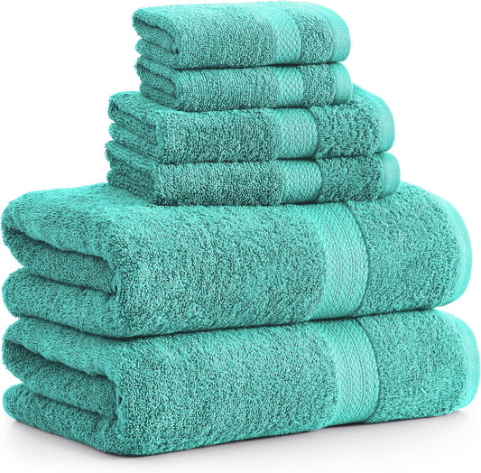 Lane Linen 100% Mercerized Cotton Luxury Bathroom Towel Set - 6 Pc - Quick Dry, Very Soft, Fluffy & Highly Absorbent - 2 Large Bath Towels, 2 Washcloths, 2 Hand Towel - Pet Friendly, Pre Shrunk - Teal