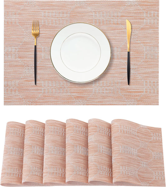 Leetaltree Coral Placemats Set of 6 - Heat Resistant Non-Slip Place mats for Dining Table, Washable Durable PVC Vinyl Woven Table Mats（Coral, 6）