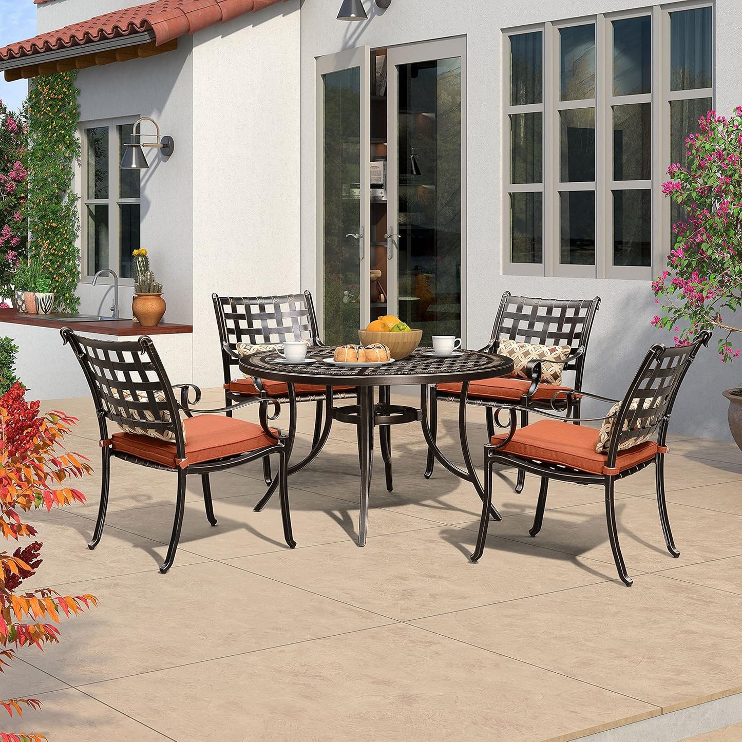 PURPLE LEAF 5 Pieces Patio Dining Set Cast Aluminum with 4 Armchairs and 47" Round Table, Cushion and Pillow Included, for Lawn Yard Garden Outdoor Dining Set, Brick Red