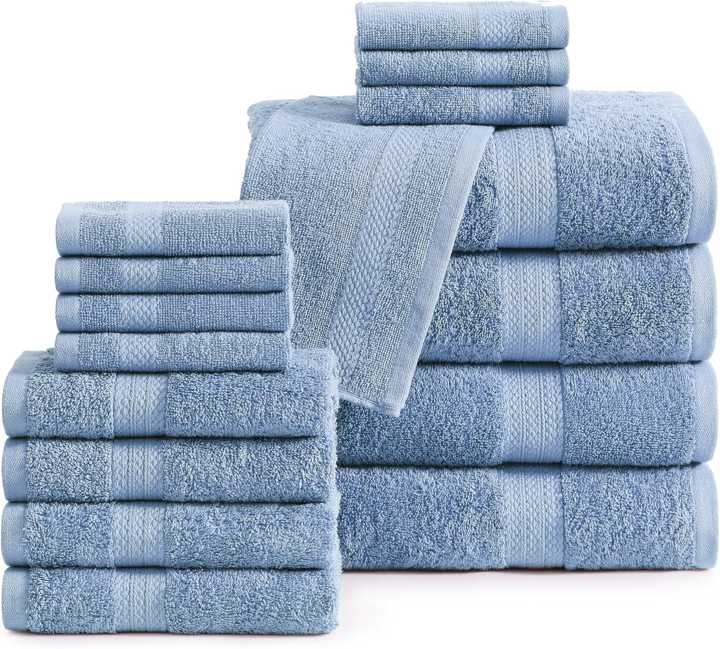 LANE LINEN 100% Cotton Premium Bathroom Towels Set - 16 Pieces - Ring Spun, Quick Dry, Super Soft & Highly Absorbent - 4 Bath, 8 Washcloths, 4 Hand Towels for Bathroom - Pre Shrunk - Cerulean Blue