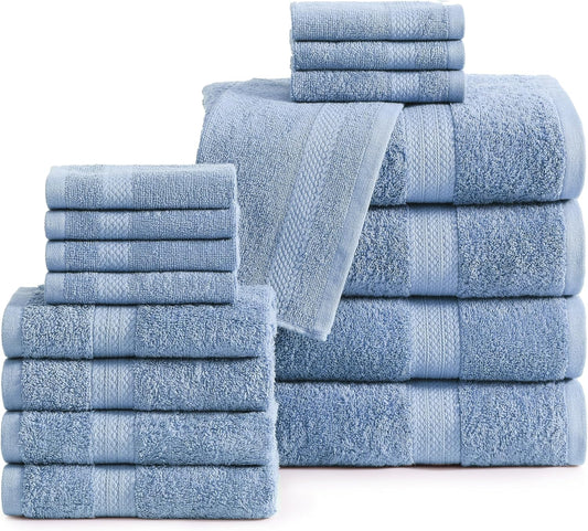 LANE LINEN 100% Cotton Premium Bathroom Towels Set - 16 Pieces - Ring Spun, Quick Dry, Super Soft & Highly Absorbent - 4 Bath, 8 Washcloths, 4 Hand Towels for Bathroom - Pre Shrunk - Cerulean Blue