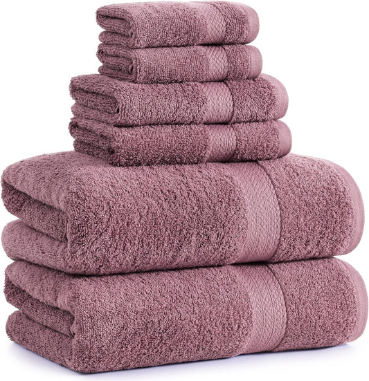 LANE LINEN 100% Mercerized Cotton Bathroom Towel Set - 6 Pcs - Ring Spun, Fluffy, Soft & Highly Absorbent - 2 Bath, 2 Washcloths, 2 Hand Towels - Avaialable in Wide Variety of Colours - Wishful Mauve