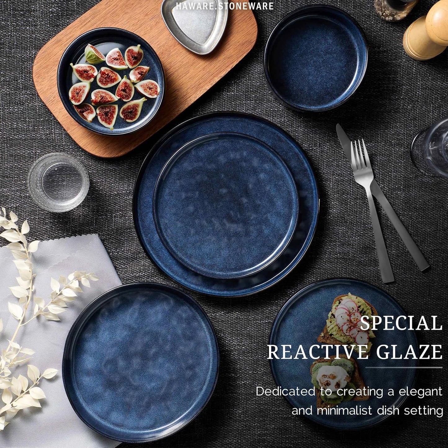 HaWare Dinnerware Sets, 12-Piece Plates and Bowls Set, Stoneware Dish Set for 4, Ceramic Dinnerware for Home Restaurant, Chip and Scratch Resistant, Microwave and Dishwasher Safe, Reactive Starry Blue