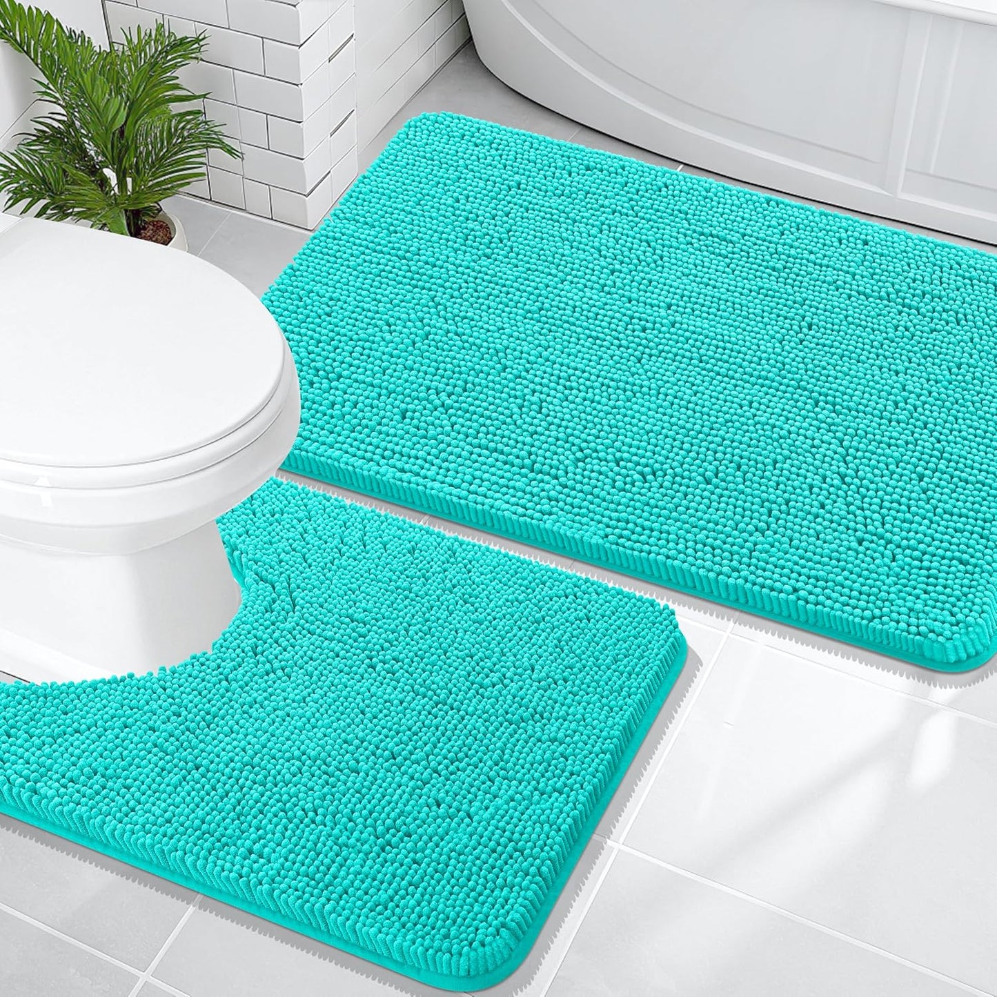 OLANLY Bathroom Rugs Sets 2 Piece, Soft Absorbent Chenille Bath Mats and U-Shaped Contour Toilet Mat Area Rug Set, Machine Washable Bath Carpet, Home Decor Accessories(36"x24"+24"x20", Teal)