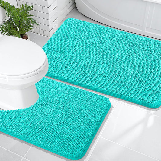 OLANLY Bathroom Rugs Sets 2 Piece, Soft Absorbent Chenille Bath Mats and U-Shaped Contour Toilet Mat Area Rug Set, Machine Washable Bath Carpet, Home Decor Accessories(36"x24"+24"x20", Teal)
