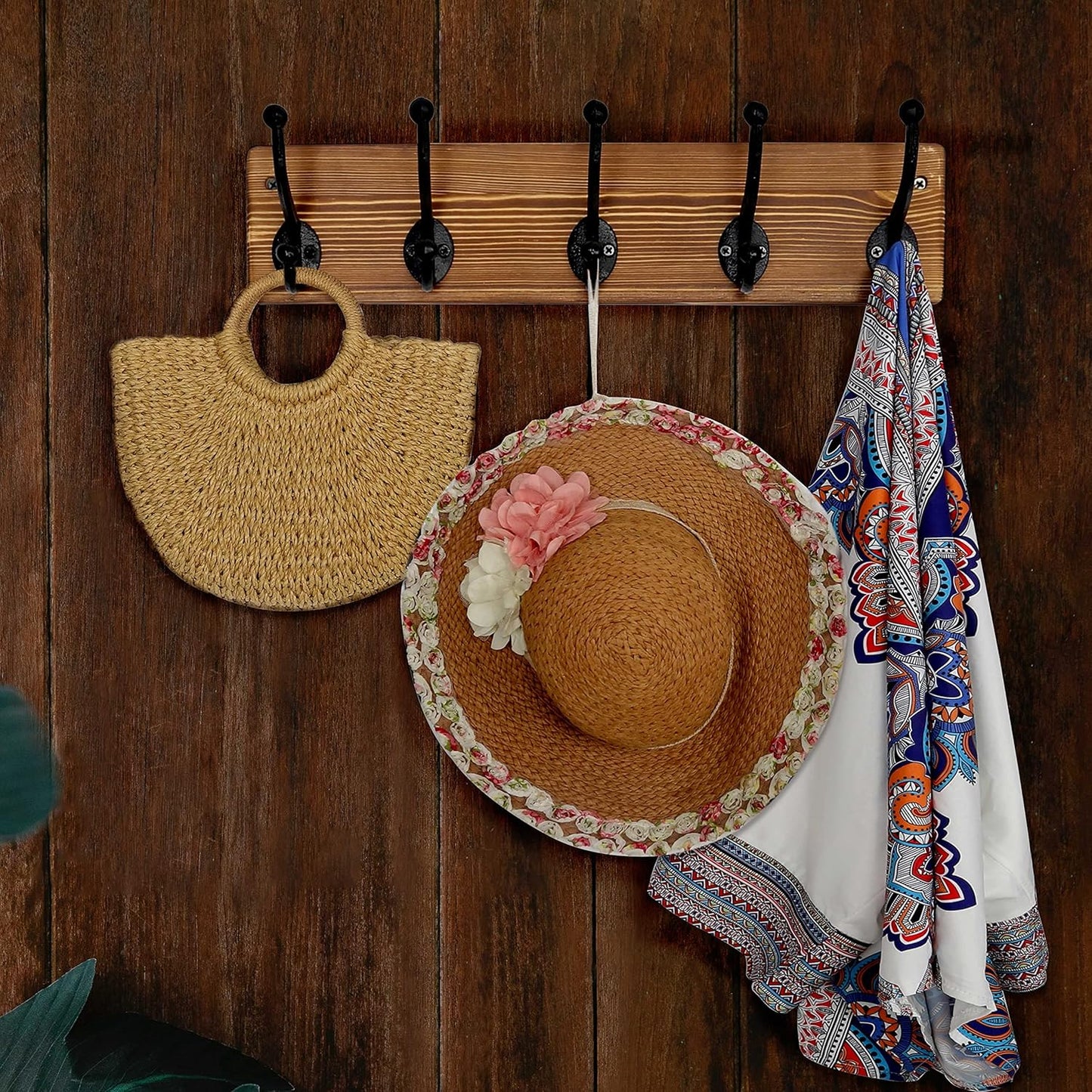 WEBI Rustic Coat Rack Wall Mount,5 Cast Iron Coat Hooks Wall Mounted,Heavy Duty Wall Coat Hanger Hooks for Hanging Coats,Clothes,Rustic Brown,2 Packs