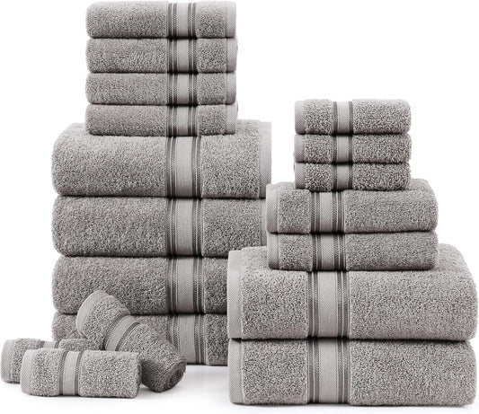 LANE LINEN 100% Cotton 18 Piece Bath Towel Set - Zero Twist, Quick Dry, Super Soft & Highly Absorbent - 6 Bath, 6 Washcloths, 6 Hand Towels for Bathroom - Hotel Quality Bathroom Towel Set - Grey