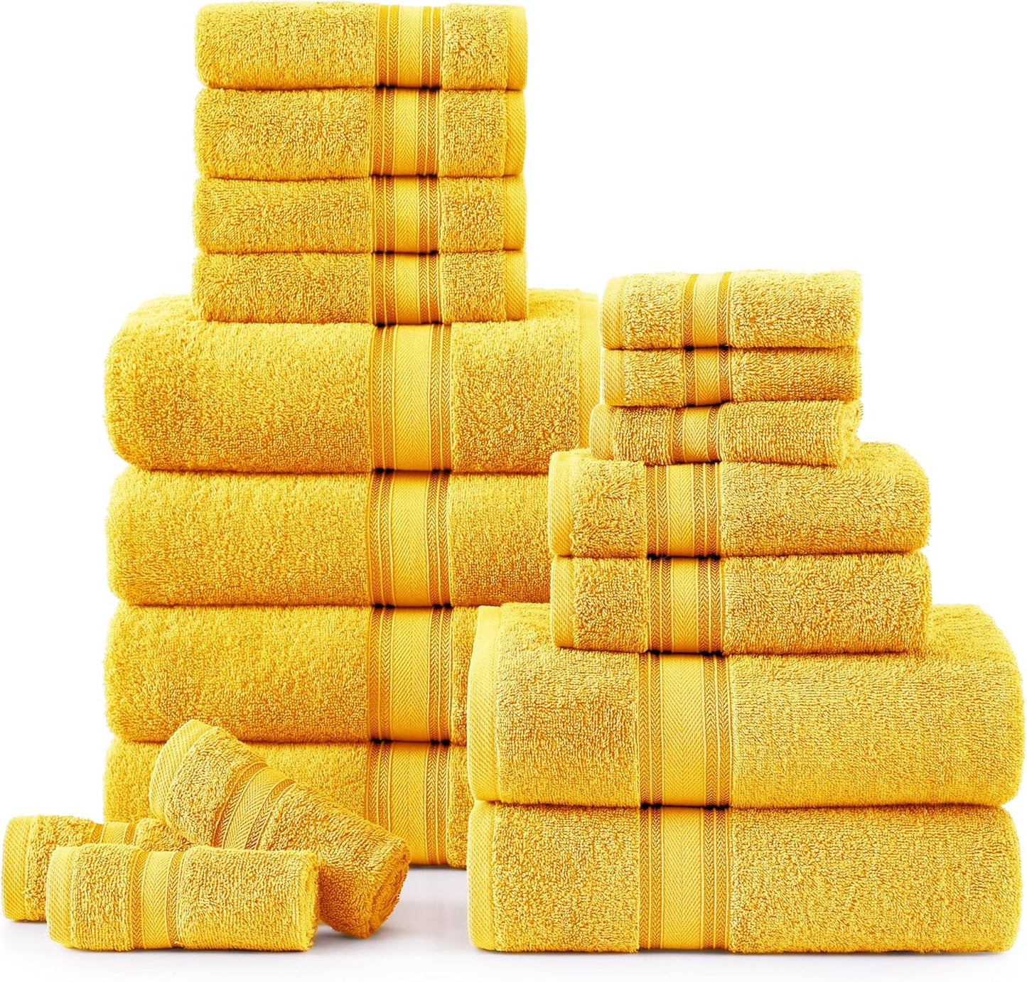 LANE LINEN 100% Cotton Luxury Bath Towel Set - 18 Pieces - Zero Twist, Ultra Soft, Quick Dry & Extra Absorbent - 6 Bath, 6 Washcloths, 6 Bathroom Hand Towels - Machine Wash in Cold Setting - Mimosa