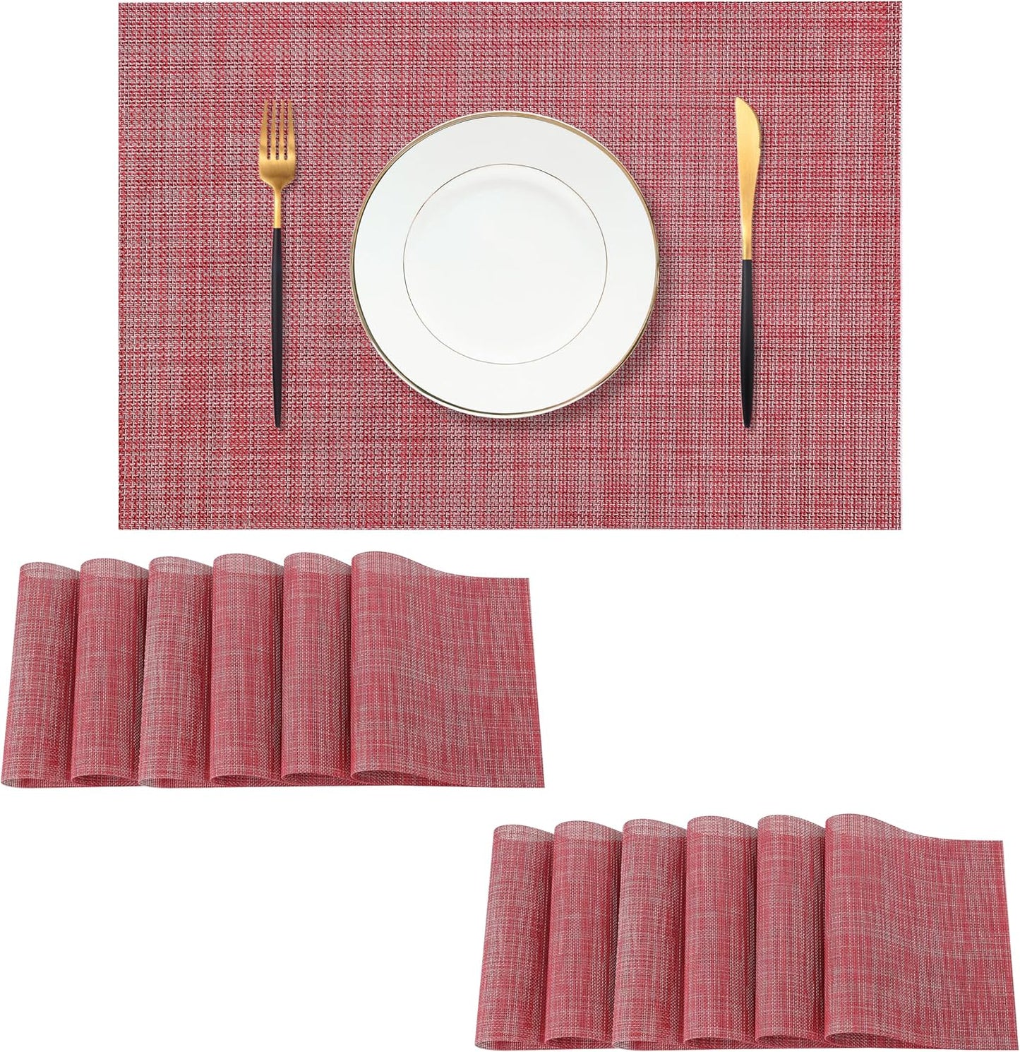 Leetaltree Red Placemats Set of 12 - Heat Resistant Non-Slip Place mats for Dining Table, Washable Durable PVC Vinyl Woven Table Mats（Red, 12）