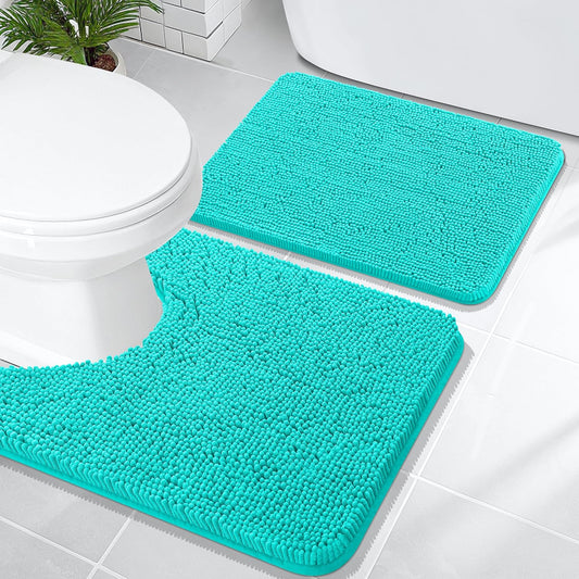 OLANLY Bathroom Rugs Sets 2 Piece, Soft Absorbent Chenille Bath Mats and U-Shaped Contour Toilet Mat Area Rug Set, Machine Washable Bath Carpet, Home Decor Accessories(24"x16"+24"x20", Teal)