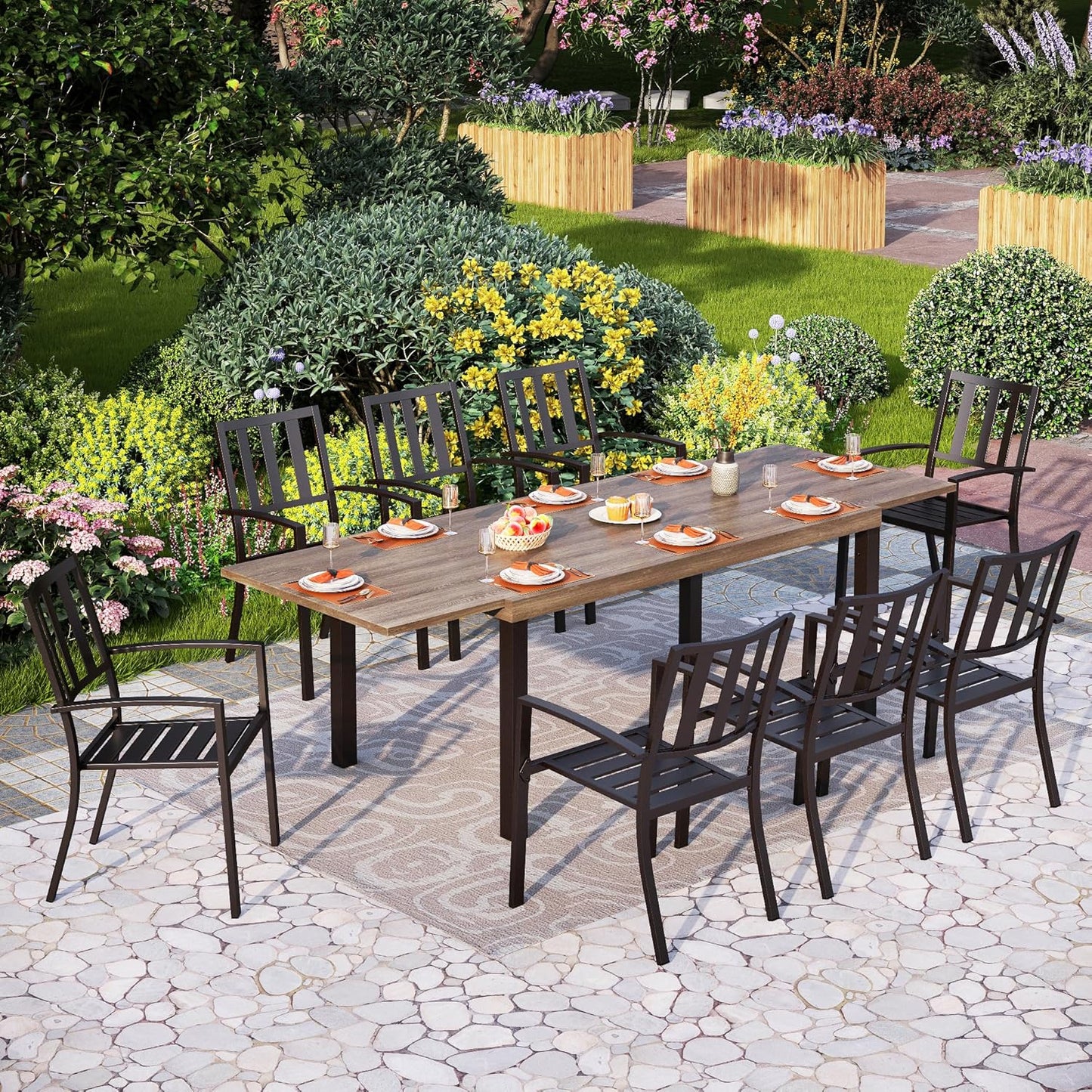 PHI VILLA 9 Piece Outdoor Dining Set for 8, Expandable Wood-Like Metal Dining Table & Wrought Iron Stackable Chairs, Large Dining Furniture for Patio, Deck, Backyard, Porch
