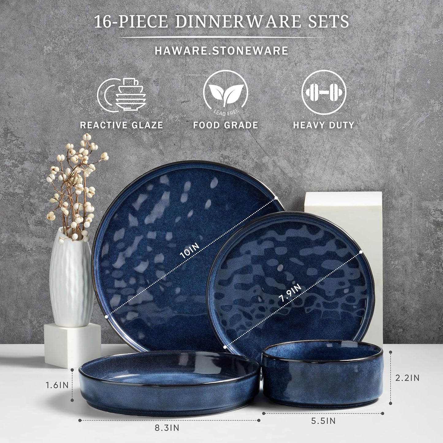 HaWare Dinnerware Sets, 16-Piece Plates and Bowls Set, Stoneware Dish Set for 4, Ceramic Dishware Set for Pasta Cereal, Chip and Scratch Resistant, Microwave and Dishwasher Safe, Reactive Starry Blue