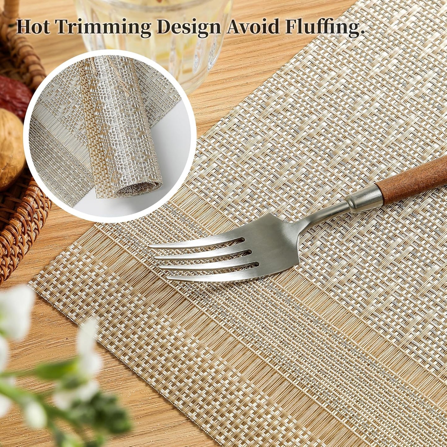 Leetaltree Stardust Yellow Placemats Set of 6 - Heat Resistant Non-Slip Place mats for Dining Table, Washable Durable PVC Vinyl Woven Table Mats（Stardust Yellow, 6）