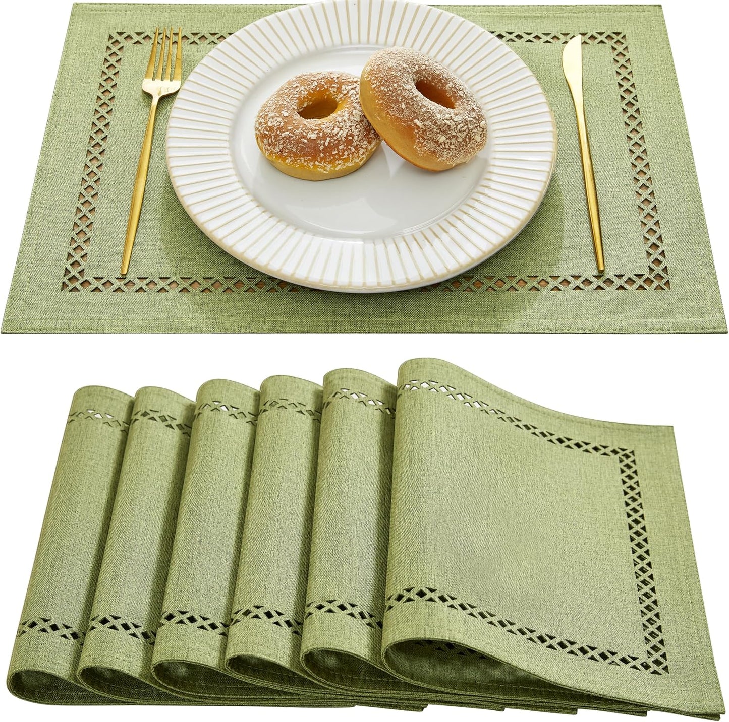 Burlap Placemats Set of 6, 12 x 18 Inch Rustic Geometric Hollow Place Mats, Heat Resistant Placemats for Farmhouse Kitchen Table Decor, Sage Green 6PCS