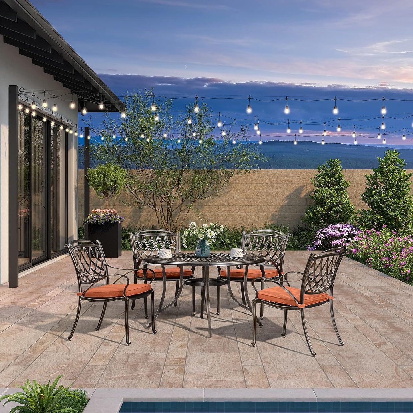 PURPLE LEAF Patio Dining Set Cast Aluminum 5-Piece Patio Furniture Set with 4 Dining Armchairs and 47" Round Table, 4 Cushions Included, for Lawn Yard Garden, Rhombic Brick Red Outdoor Dining Set