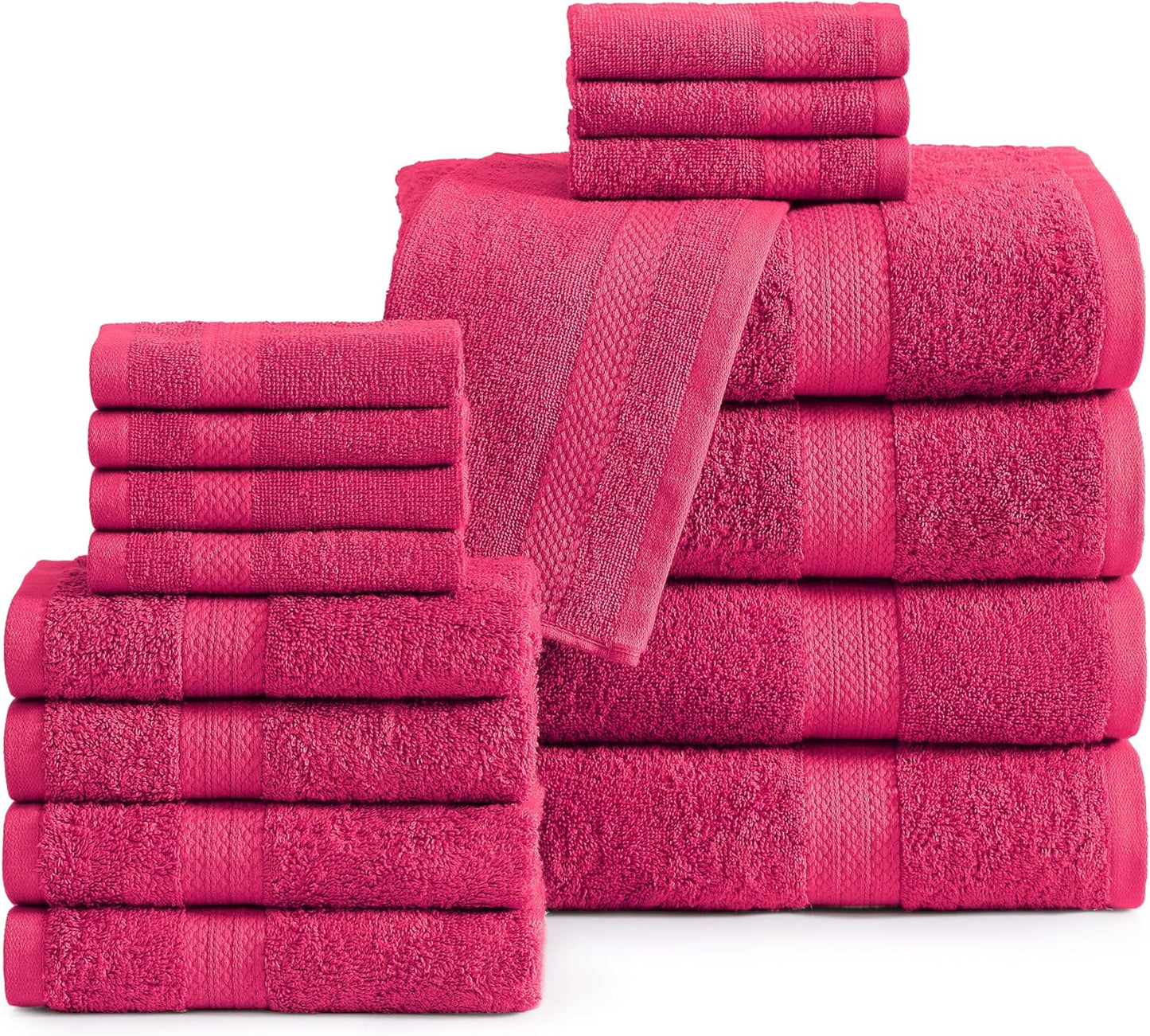 LANE LINEN 100% Mercerized Cotton Luxury Bathroom Towel Set - 16 Pcs - Premium Super Soft, Fluffy & Highly Absorbent - 4 Bath Towels, 8 Washcloths, 4 Hand Towels - Pre Shrunk, Pet Friendly - Fuschia