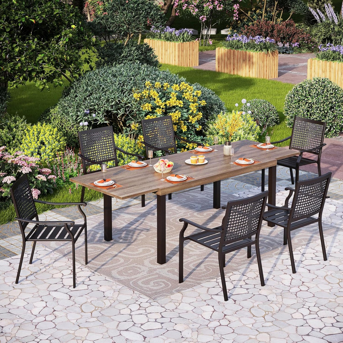 PHI VILLA 7 Piece Patio Dining Set for 6, Expandable Wood-Like Metal Dining Table & Wrought Iron Stackable Chairs, Large Dining Furniture for Outdoor Deck, Backyard, Porch