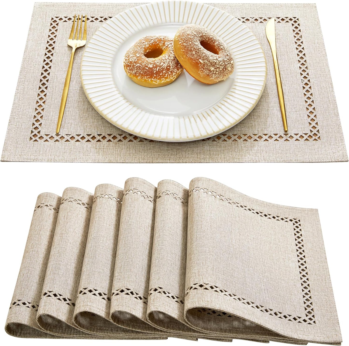 Burlap Placemats Set of 6, 12 x 18 Inch Rustic Geometric Hollow Place Mats, Heat Resistant Placemats for Farmhouse Kitchen Table Decor, Coffee 6PCS