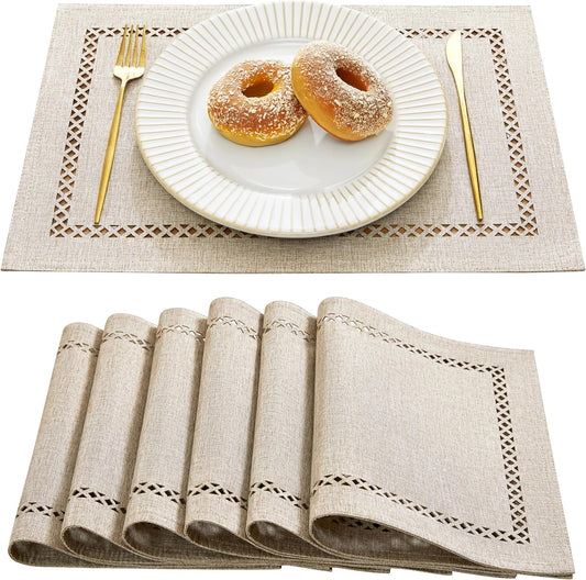 Burlap Placemats Set of 6, 12 x 18 Inch Rustic Geometric Hollow Place Mats, Heat Resistant Placemats for Farmhouse Kitchen Table Decor, Coffee 6PCS