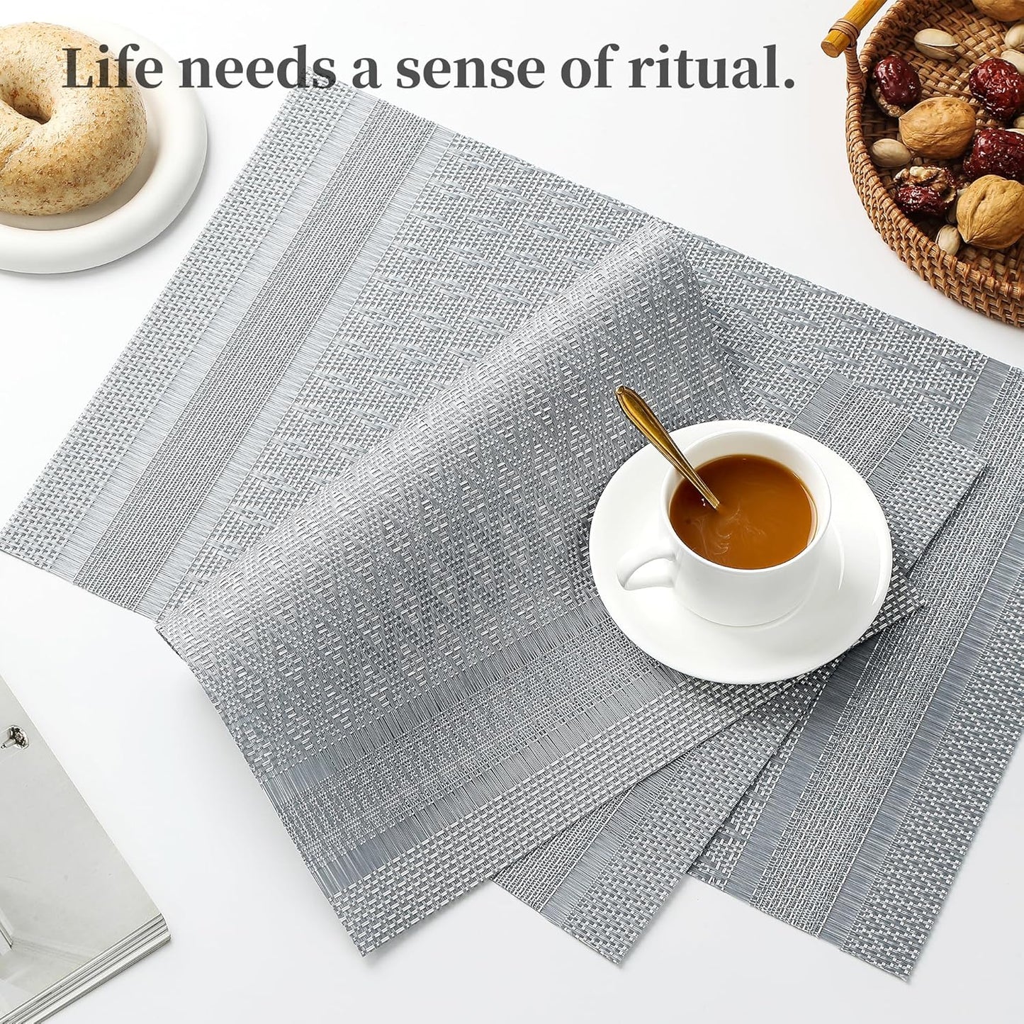 Leetaltree Lunar Grey Placemats Set of 12 - Heat Resistant Non-Slip Place mats for Dining Table, Washable Durable PVC Vinyl Woven Table Mats（Lunar Grey, 12）